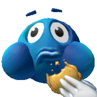 a blue cartoon character eating a cookie with a white hand