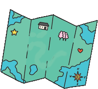 a cartoon drawing of a folded map with a house , trees , and a heart on it .