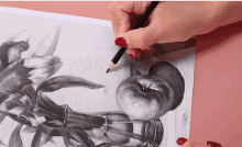 a woman with red nails is drawing an apple with a black pencil