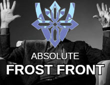a man sitting in a chair with his hands up in front of a logo that says absolute frost front