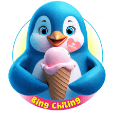 a penguin holding an ice cream cone with the words bing chilling below