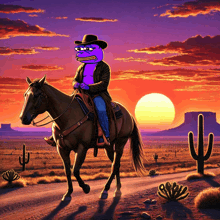 a purple cartoon character is riding a horse in the desert at sunset
