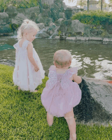 a little girl in a pink dress with butterfly wings stands next to a little girl in a white dress