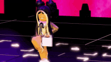 a girl in a video game is holding a white bag