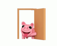 a pink pig is sticking its tongue out of a wooden door .
