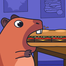 a cartoon of a hamster eating a hamburger