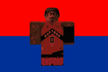 a man in a raptors jersey is standing in front of a blue and red background