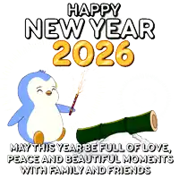 a happy new year 2026 greeting card with a penguin and a bottle of champagne
