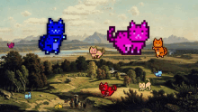 a painting of a landscape with pixelated cats