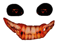 a close up of a smiling face with black eyes and red teeth