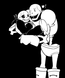 a black and white drawing of a skeleton holding another skeleton .