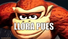 a close up of a cartoon monkey with the words `` llora pues '' on it .