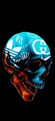 a skull with a blue adidas logo on it 's head