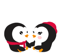 a couple of penguins kissing each other with red feathers coming out of their mouths