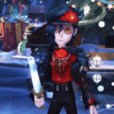 a cartoon character is holding a sword and wearing a hat with a flower on it