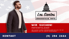 a man in a suit stands in front of an american flag with the words los santos on it