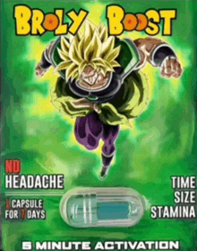 a box of broly boost has a picture of a cartoon character on it