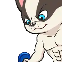 a cartoon dog is holding two blue dumbbells in his hands
