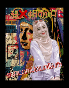 a woman wearing a hijab is standing in front of a colorful poster that says ' x-phoria ' on it