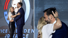 a man and woman hugging in front of a screen that says ice