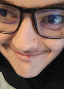 a close up of a person 's face with glasses and a mustache