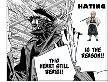 a black and white drawing of a man with a sword and the words " this heart still beats " on the bottom