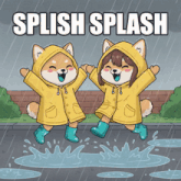 a cartoon of two dogs jumping in a puddle with the words splish splash below them