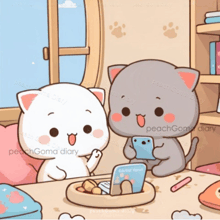 two cartoon cats are sitting on a table looking at a cell phone