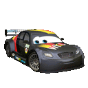 a black race car from the movie cars with a cartoon face on it is on a white background .