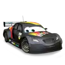 a black race car from the movie cars with a cartoon face on it is on a white background .