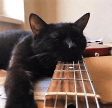 a black cat is laying on a guitar with its head on the neck .