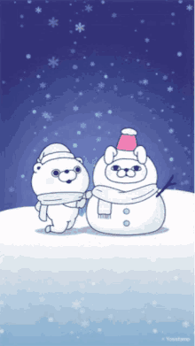 a cartoon of two bears standing next to a snowman with the word yoisstamp on the bottom