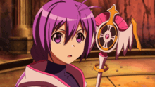a girl with purple hair is holding a cane with wings