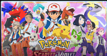 a poster for pokemon scarlet and violet shows a group of people and pokemon