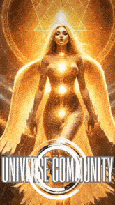 a painting of a woman with wings and the words universe community below her