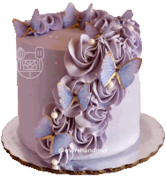 a purple cake decorated with butterflies and pearls has the name marshandmel on the bottom