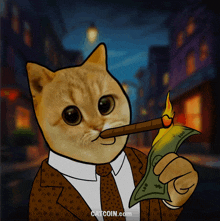 a cat in a suit is holding a 100 dollar bill