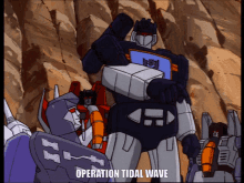 a group of transformers standing next to each other with the words operation tidal wave below them