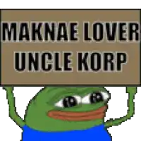 a pixel art of a frog holding up a sign that says " maknae lover uncle korp "