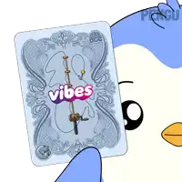a penguin holding a card that says vibes