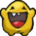 a yellow cartoon character is laughing with his mouth open and his eyes closed .