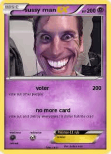 a pokemon card with a picture of a man making a funny face .