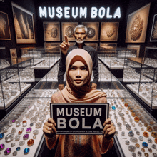 a woman holds a sign that says museum bola in front of a man