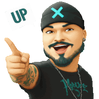 a man with a beard wearing a beanie with an x on it giving a thumbs up sign