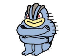 a cartoon drawing of a blue monster with arms crossed and red eyes