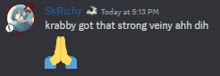 a screenshot of a discord conversation between skrichy and krabby got that strong veiny ahh dih