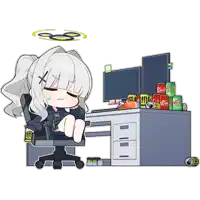 a cartoon of a girl sitting in front of a desk full of sodas including mountain dew