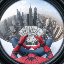 a person in a spiderman costume is holding a fan of money in front of a city skyline