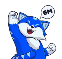 a blue cartoon cat with a speech bubble that says gm