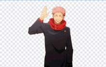 a man with red hair and a red scarf waves his hand